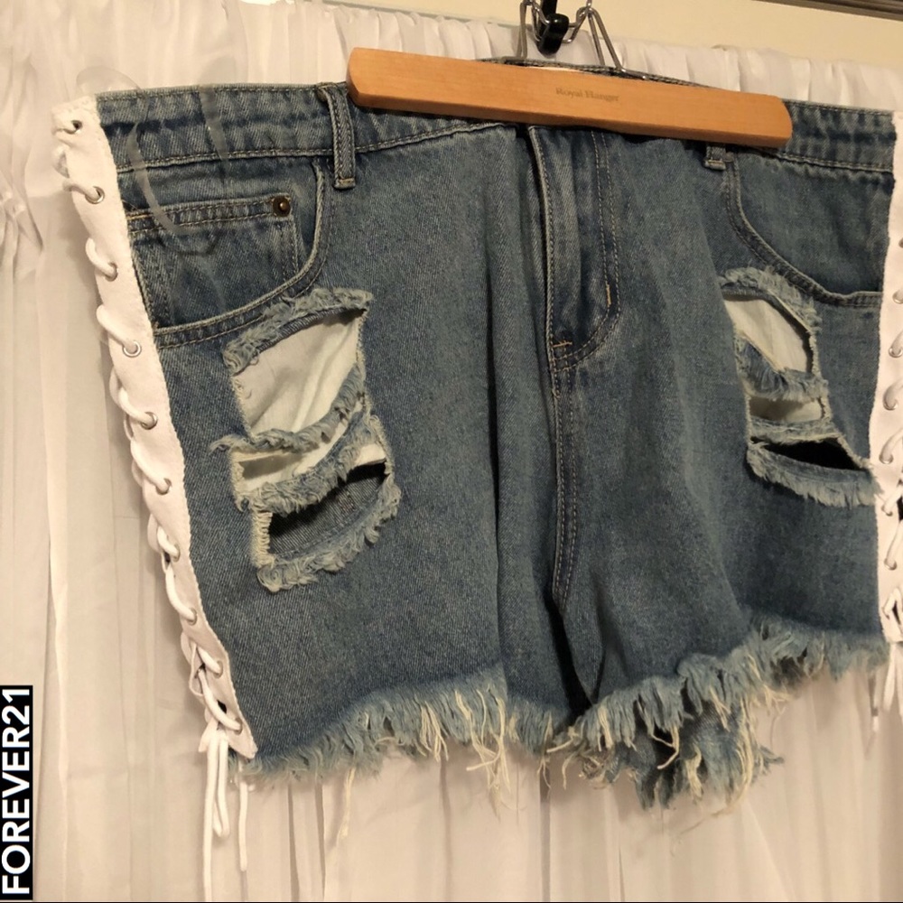 FOREVER21 LACE UP HIGH WAIST DISTRESSED SHORTS